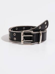 1入組女性Y2K朋克風格雙排洞皮帶 - 黑色 - 查看 1