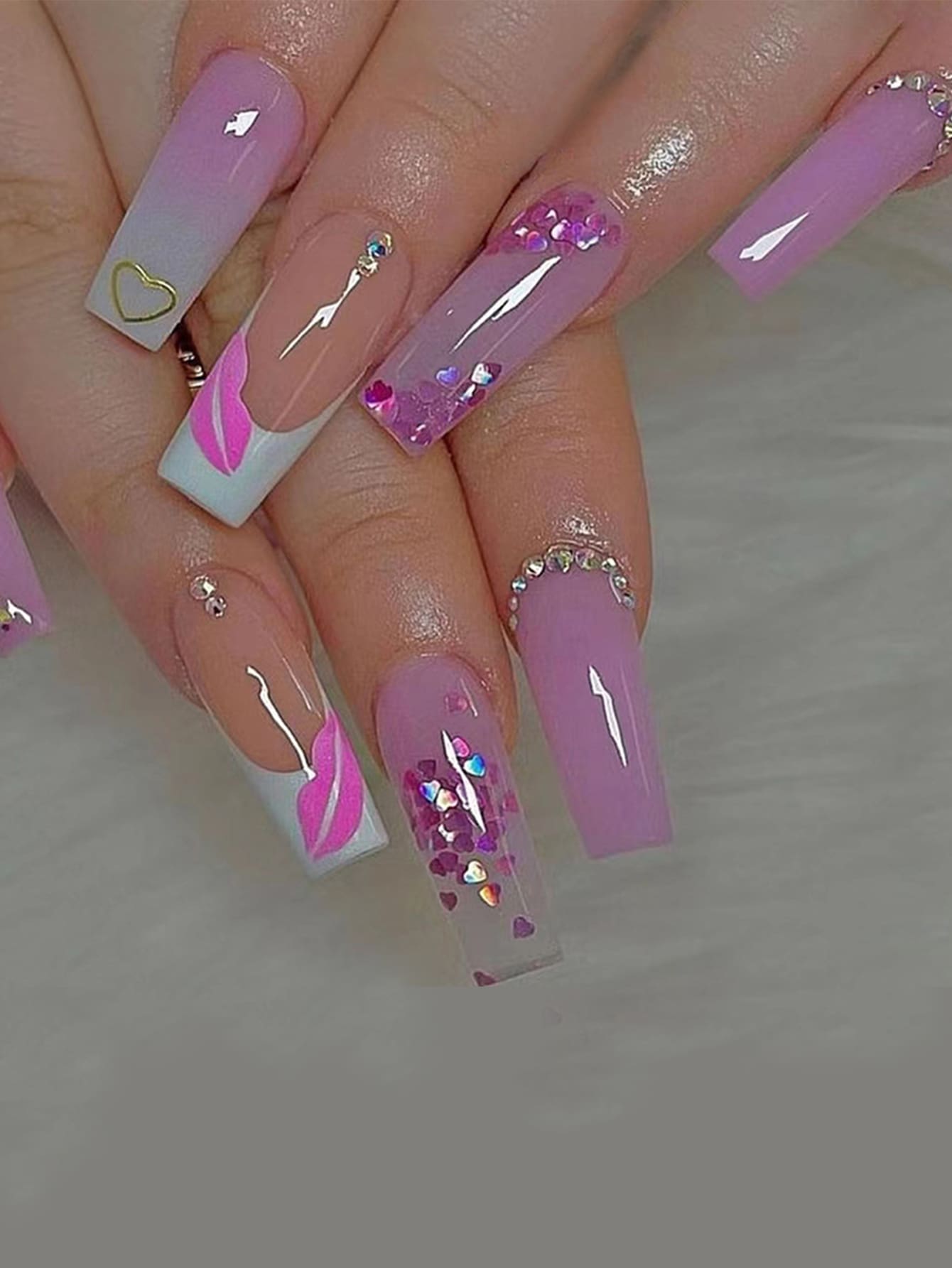 Juego de 24 piezas de uñas postizas de diamantes de imitación lindo de dibujos animados en forma de ataúd largo con 1 lima de uñas y 1 pegamento de gelatina uñas falsas uña falsa uña acrílica - Multicolor - Ver 1