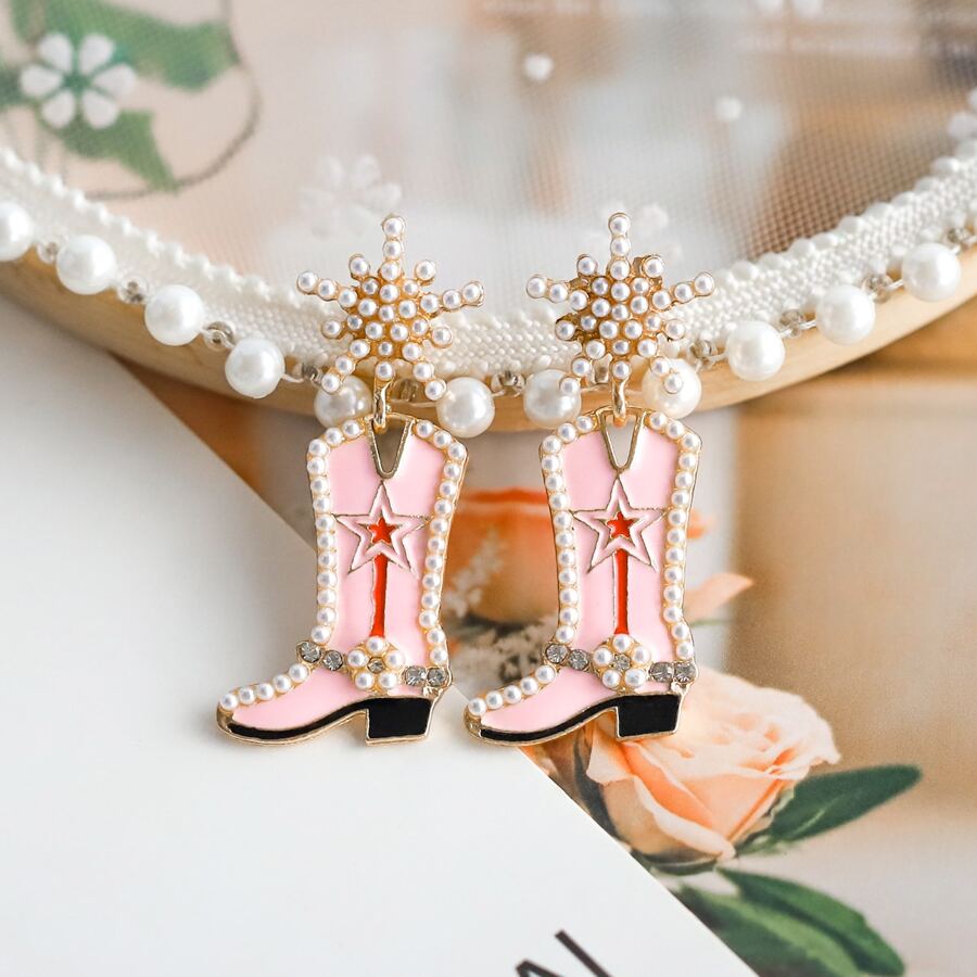 1對西部牛仔風格鑰匙扣造型合金釘珠耳環適合女士 - 粉色 - 查看 1