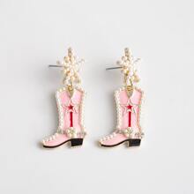 1對西部牛仔風格鑰匙扣造型合金釘珠耳環適合女士 - 粉色 - 查看 4