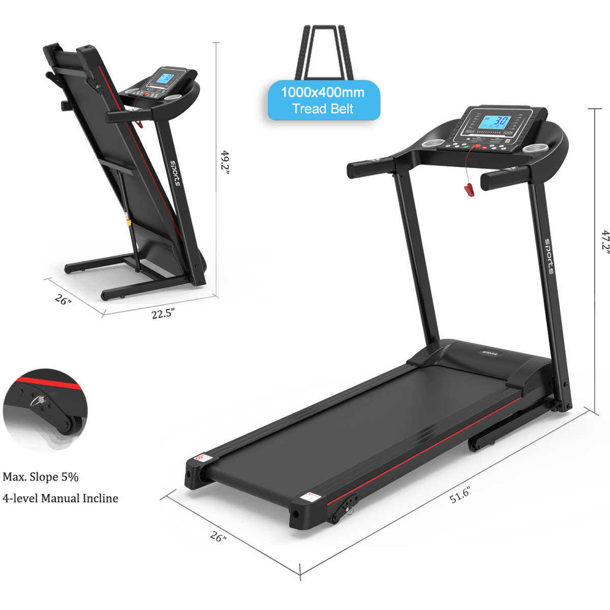 Fitshow App Home Foldable Treadmill with Incline, Folding Treadmill for