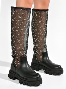 Danas Women's Knee High Mesh Boots With Chunky Lug Sole - 黑色 - 查看 4