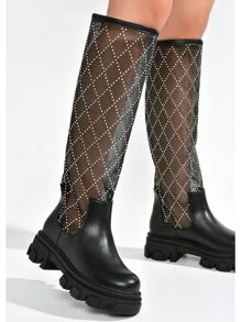 Danas Women's Knee High Mesh Boots With Chunky Lug Sole - 黑色 - 查看 5