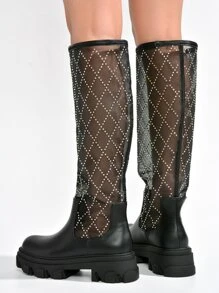 Danas Women's Knee High Mesh Boots With Chunky Lug Sole - 黑色 - 查看 6