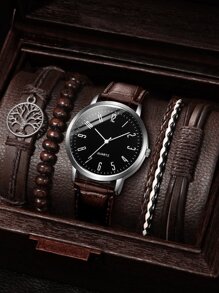 5 件/套时尚简约男士 PU 皮革表带带数字表盘石英腕表和手链套装作为返校学生的礼物 - 棕色 - 查看 1