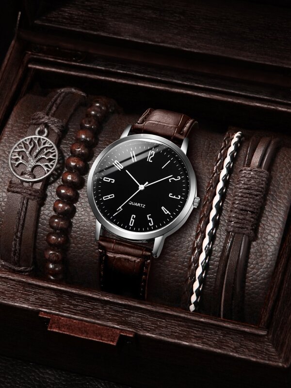 5 piezas/set Correa de reloj de PU de moda y sencilla con esfera digital de cuarzo y conjunto de pulsera como regalo para estudiantes que regresan a la escuela