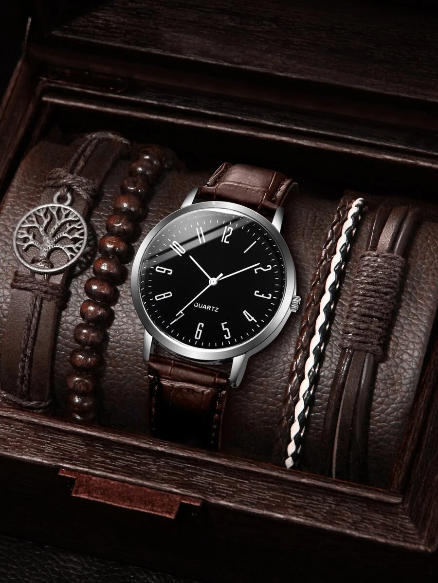 5 件/套时尚简约男士 PU 皮革表带带数字表盘石英腕表和手链套装作为返校学生的礼物 - 棕色 - 查看 1