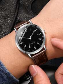 5 件/套时尚简约男士 PU 皮革表带带数字表盘石英腕表和手链套装作为返校学生的礼物 - 棕色 - 查看 3