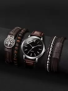 5 件/套时尚简约男士 PU 皮革表带带数字表盘石英腕表和手链套装作为返校学生的礼物 - 棕色 - 查看 2