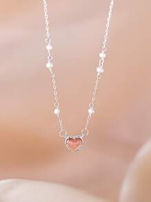 時尚1入組S925純銀甜美風格玻璃心項鍊鎖骨鏈條適用於女士們首飾類禮物