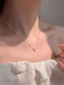 時尚1入組S925純銀甜美風格玻璃心項鍊鎖骨鏈條適用於女士們首飾類禮物