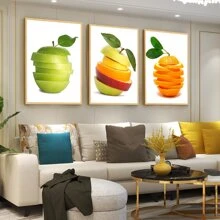 Set Of 3 Watercolor Fruit Prints, Made From Polyester, Nordic Style With Simple Fashion, Orange Lemon Apple, Rectangle Shaped, Frameless, Perfect For Decoration In Dining Room, Living Room, Bedroom, Study, Children's Room, And Home Decor - Multicolor - View 5