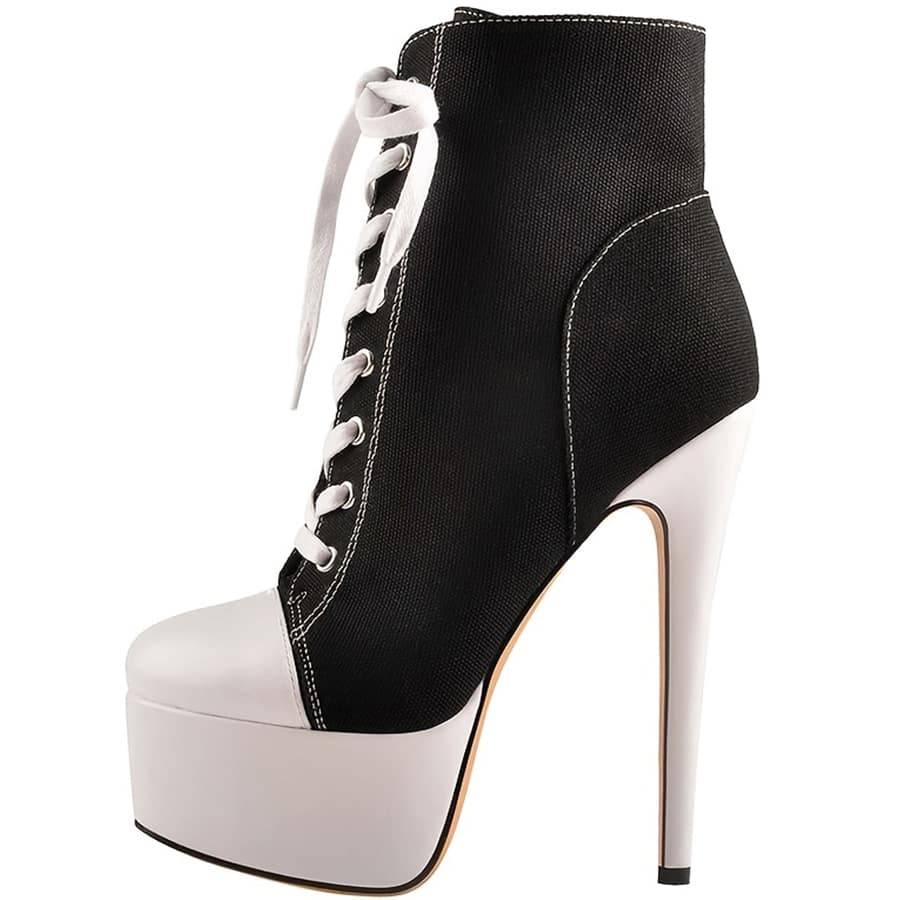 Botas de tobillo de lona con cordones, tacón alto grueso y bloque de color negro para mujer - Blanco y Negro - Añade 1