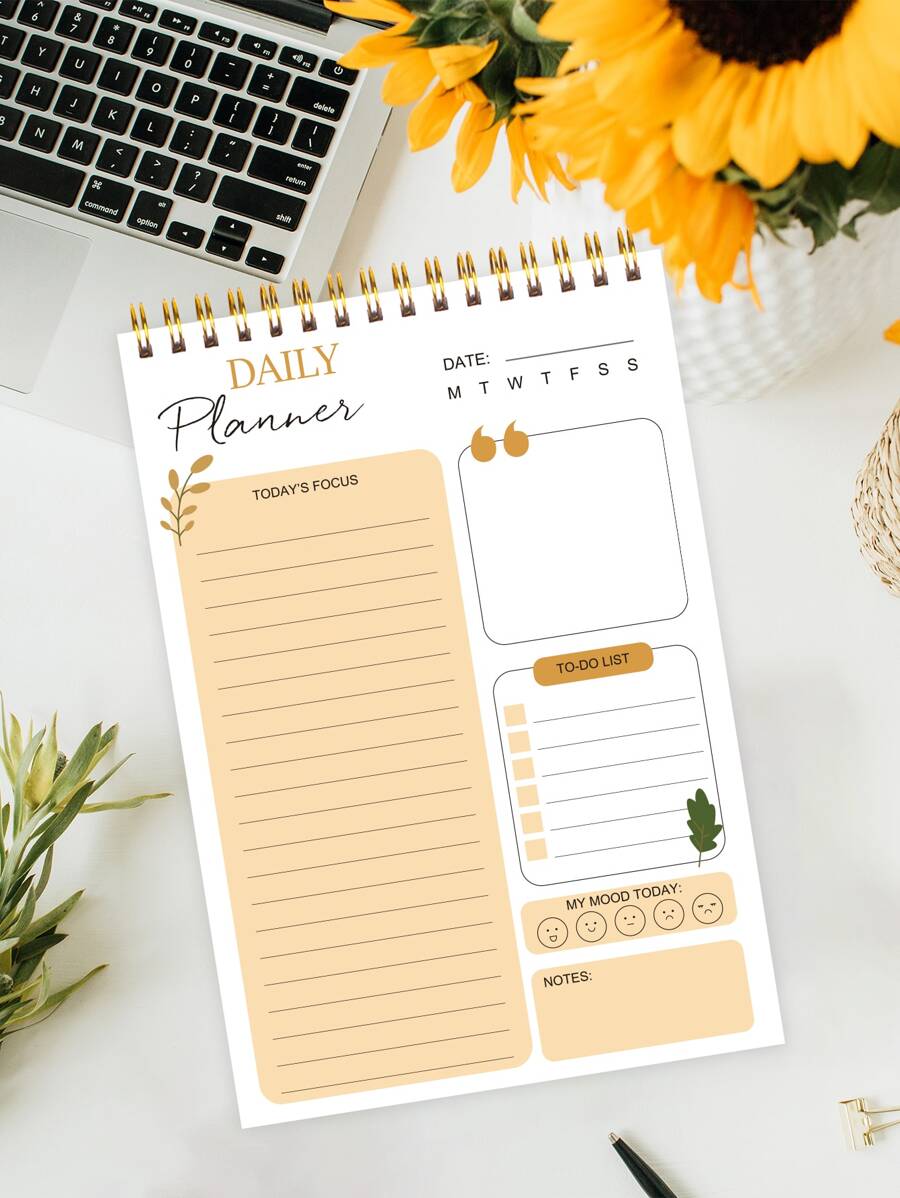 BUBU 1 pieza con estampado de letra Cuaderno de plan moderno con estampado de hoja Agenda diaria para escuela alumno - Amarillo - Ver 1