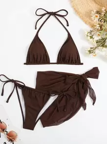 Halter Triangle Bra & Swim Bottom & Beach Cover Up Skirt Bikini Set Bathing Suit For Summer - Coffee Brown - View 1