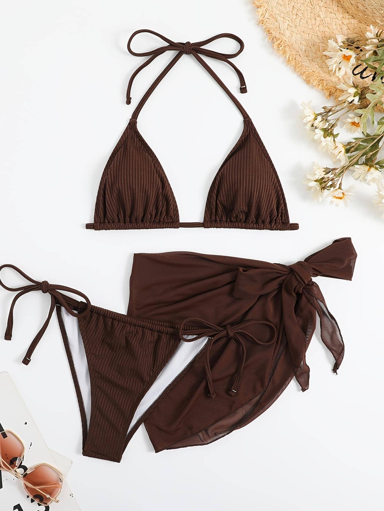 Halter Triangle Bra & Swim Bottom & Beach Cover Up Skirt Bikini Set Bathing Suit For Summer - Coffee Brown - View 1