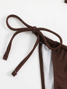 Halter Triangle Bra & Swim Bottom & Beach Cover Up Skirt Bikini Set Bathing Suit For Summer - Coffee Brown - View 5