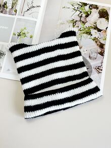 1 Miếng Chic & Dễ thương Đen Và Trắng Sọc Dệt kim Mũ Beanies Với Nhỏ bé Sừng Tai mèo - Đen và trắng - Xem 4