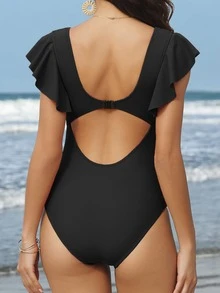 Ruffle Trim Ruched Bust One Piece Swimsuit Summer - Black - View 5