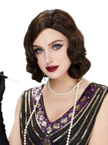 黑暗棕色手指波浪假髮1920S復古中長度長款卷合成纖維頭髮適合女士角色扮演萬聖節派對服飾 - 棕色 - 查看 1