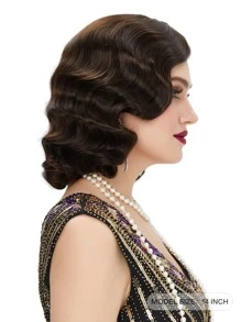 黑暗棕色手指波浪假髮1920S復古中長度長款卷合成纖維頭髮適合女士角色扮演萬聖節派對服飾 - 棕色 - 查看 6