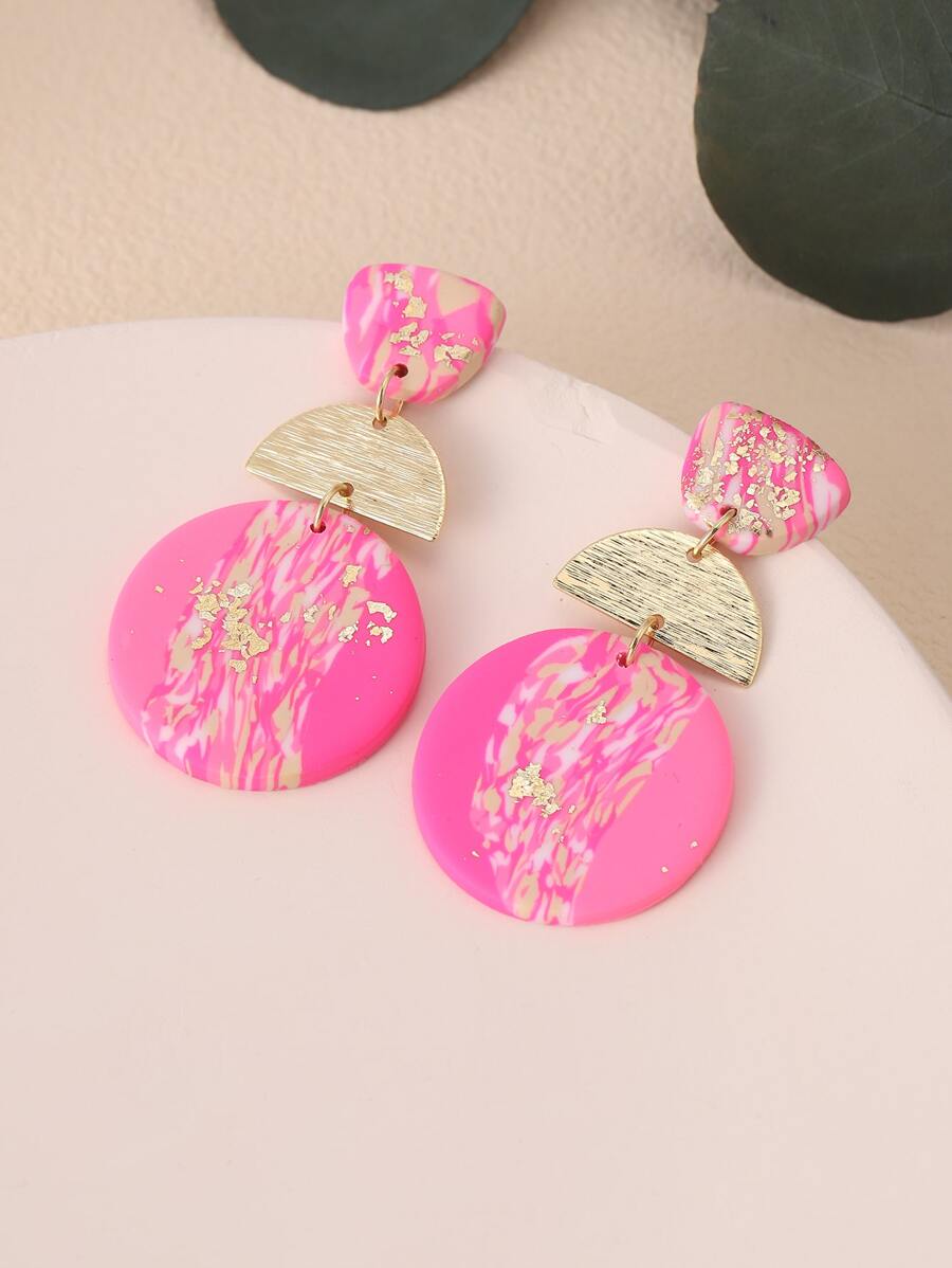 1 Par De Aretes Hechos A Mano De Arcilla Suave Con Parche Geométrico Rosa Con Patrón Abstracto, Adecuados Para Fiestas, Viajes, Vacaciones Y Como Regalo, Múltiples Colores Disponibles