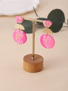 1 Par De Aretes Hechos A Mano De Arcilla Suave Con Parche Geométrico Rosa Con Patrón Abstracto, Adecuados Para Fiestas, Viajes, Vacaciones Y Como Regalo, Múltiples Colores Disponibles - Rosa Fucsia - Ver 3
