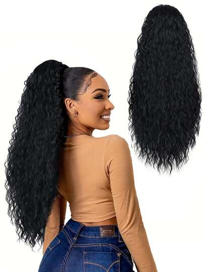 Long Curly Drawstring Ponytail For Women, 22" Black Curly Ponytail Hair Extension, Synthetic Clips In Drawstring Ponytail For Daily Use (Natural Black)