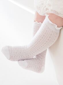 1 đôi tất đi chơi mềm mại, thoải mái và thoáng khí với thiết kế viền xếp nếp, cao đến đầu gối, màu trơn cho bé gái mới biết đi - trắng - Xem 5