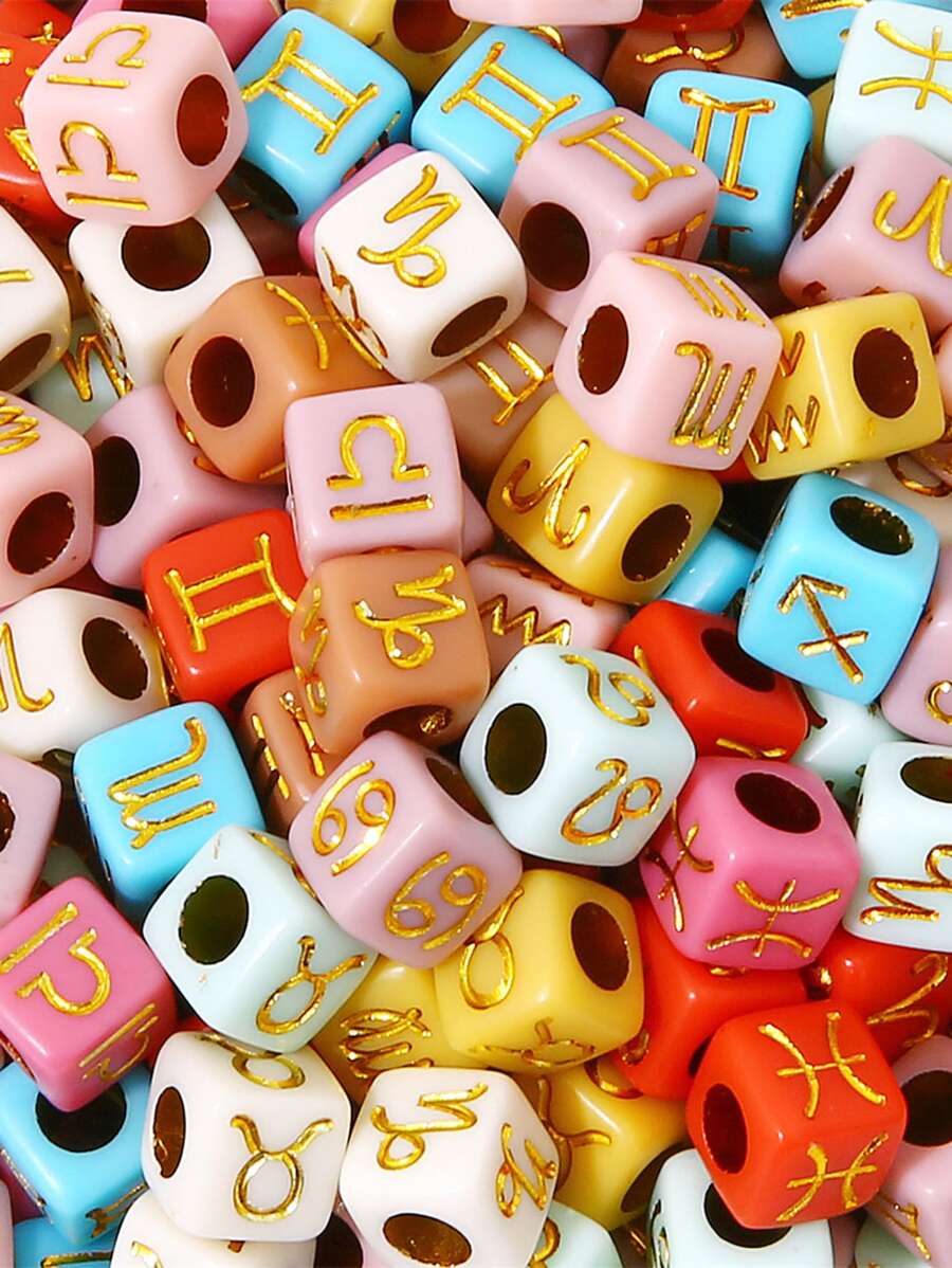 15g Random Mix 12 Zodiac Sign Acrylic Spacer Beads With Constellation Cube Beads 7mm For Jewelry Making, Bracelet, Necklace, Decoration Accessory