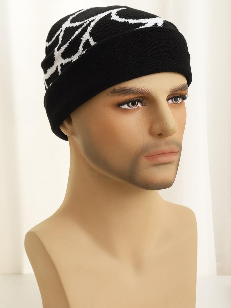 1pc Men's Flame Pattern Fashionable Knitted Beanie Hat For Autumn/winter - Black and White - View 1