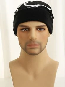 1pc Men's Flame Pattern Fashionable Knitted Beanie Hat For Autumn/winter - Black and White - View 2