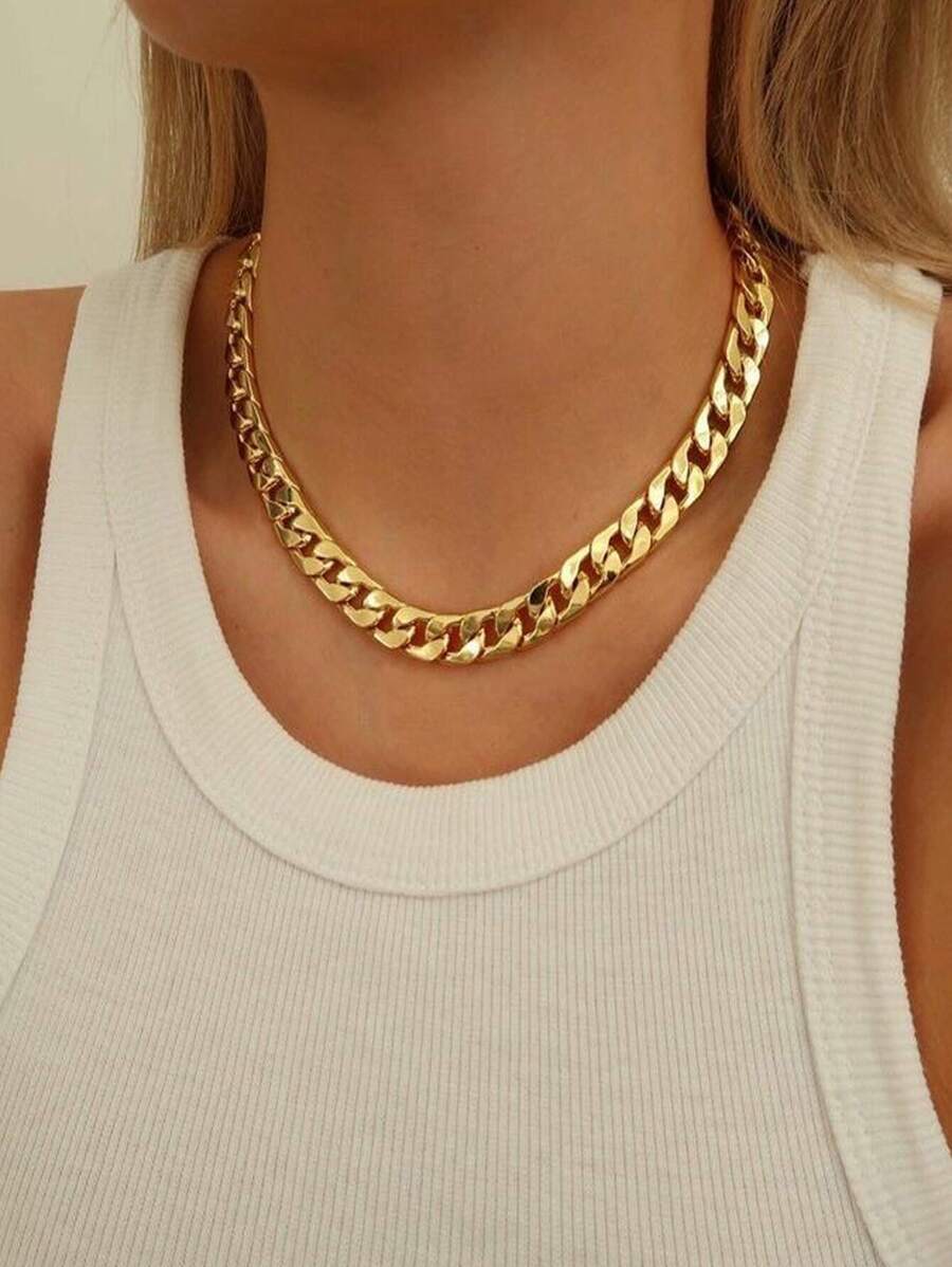 1pc Simple Chunky Chain Clavicle Chain Necklace Women Girls Jewelry Accessories - Yellow Gold - View 1