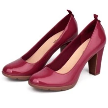 Women's Pumps Closed Round Toe Block Chunky High Heels 3 Inch Office Work Wedding Evening Shoes - Red - View 4