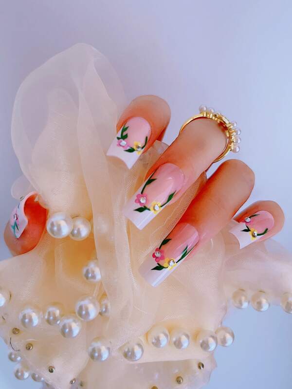 24 piezas resorte verano hermoso flor Uñas único rosado amarillo floral prensado Uñas acrílico cobertura total Uñas falsas para mujeres con Chicas