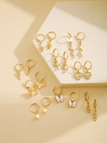 18pcs Fashionable Simple Butterfly Heart Flower Snake Star Multiple Element Earrings Set Suitable For Vacation, Party, Dating, Gift, Daily Life - Yellow Gold - View 3