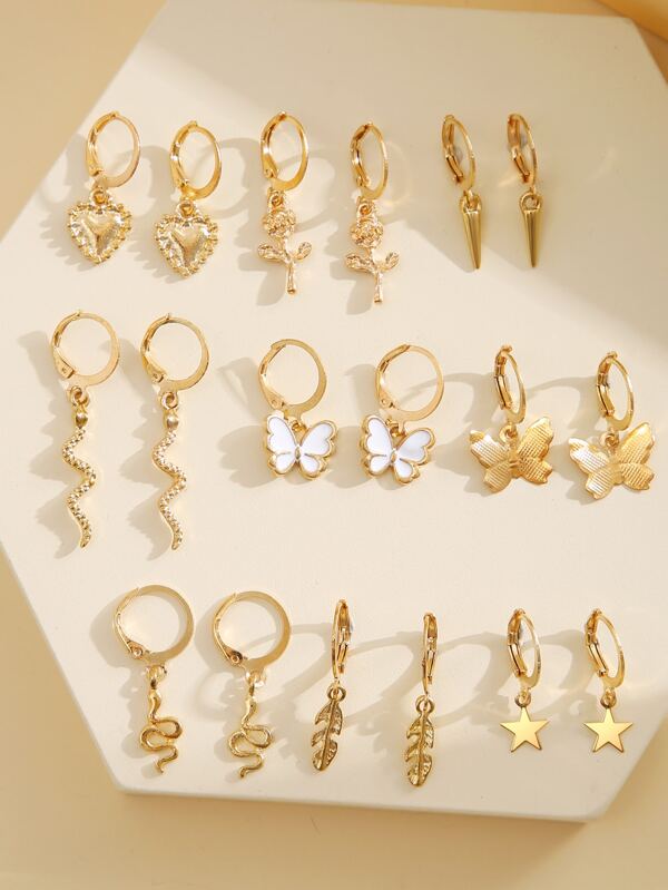 18pcs Fashionable Simple Butterfly Heart Flower Snake Star Multiple Element Earrings Set Suitable For Vacation, Party, Dating, Gift, Daily Life
