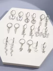 18pcs Simple & Fashionable Butterfly, Heart, Flower, Snake, Star Design Earring Set For Vacation, Party, Date, Gift And Daily Wear - Silver - View 1
