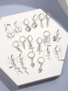 18pcs Simple & Fashionable Butterfly, Heart, Flower, Snake, Star Design Earring Set For Vacation, Party, Date, Gift And Daily Wear - Silver - View 5