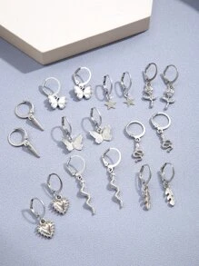 18pcs Simple & Fashionable Butterfly, Heart, Flower, Snake, Star Design Earring Set For Vacation, Party, Date, Gift And Daily Wear - Silver - View 3