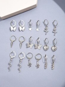 18pcs Simple & Fashionable Butterfly, Heart, Flower, Snake, Star Design Earring Set For Vacation, Party, Date, Gift And Daily Wear - Silver - View 2