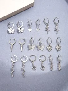 18pcs Simple & Fashionable Butterfly, Heart, Flower, Snake, Star Design Earring Set For Vacation, Party, Date, Gift And Daily Wear - Silver - View 4