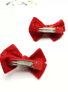 2 件女孩发夹，天鹅绒内衬金色条纹圣诞蝴蝶结，甜美可爱的侧夹，发夹，送给女孩的礼物 - 紅色 - 查看 2