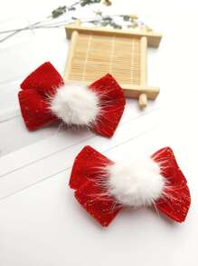 2 件女孩发夹，天鹅绒内衬金色条纹圣诞蝴蝶结，甜美可爱的侧夹，发夹，送给女孩的礼物 - 紅色 - 查看 4