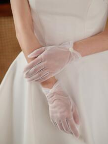 1pair Beaded Sheer Gloves For Banquet And Party - Beige - View 1