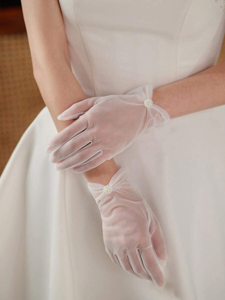 1pair Beaded Sheer Gloves For Banquet And Party - Beige - View 1