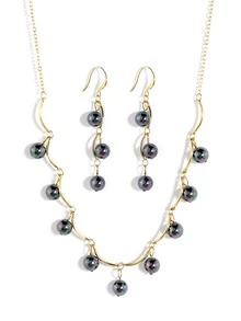 Black Pearl Necklace Earrings Set For Everyday Wear - Black - View 2