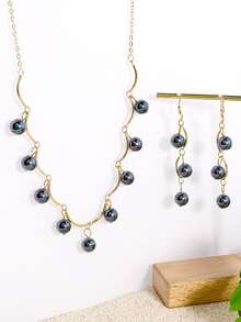 Black Pearl Necklace Earrings Set For Everyday Wear - Black - View 3