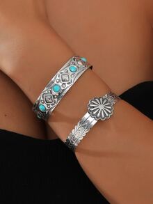 2入組西方風格古董銀顏色金屬開口手鐲手鐲套裝綠松石色首飾類適合女士 - 復古銀色 - 查看 3