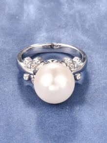 1 件女士优质人造锆石镶银仿珍珠圆形单枚结婚戒指 - 銀色 - 查看 2